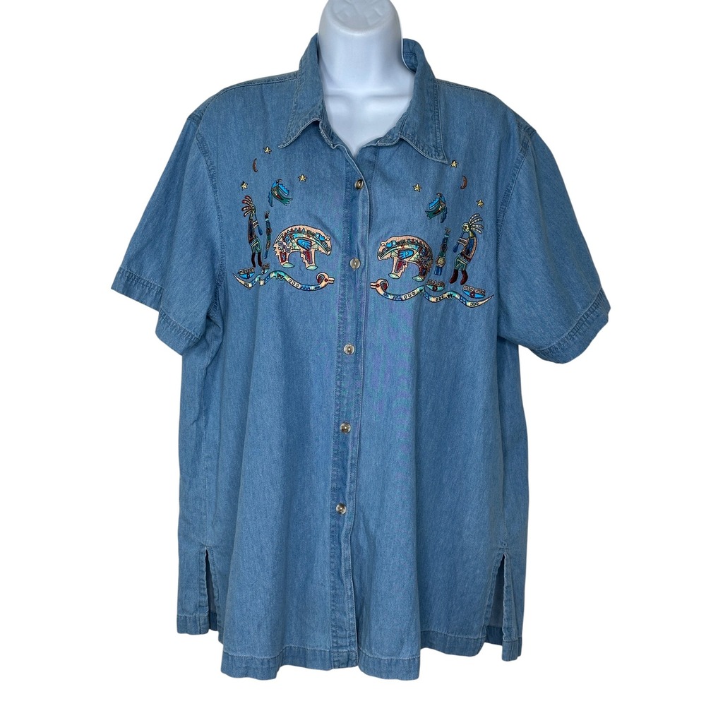 Vintage Passion Denim Shirt Large Blue Kokopelli Bear Southwestern Embroidered